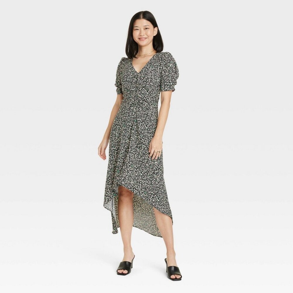NEW! Vintage-Style Crepe Short Sleeve Midi Dress, Green Floral - A New Day